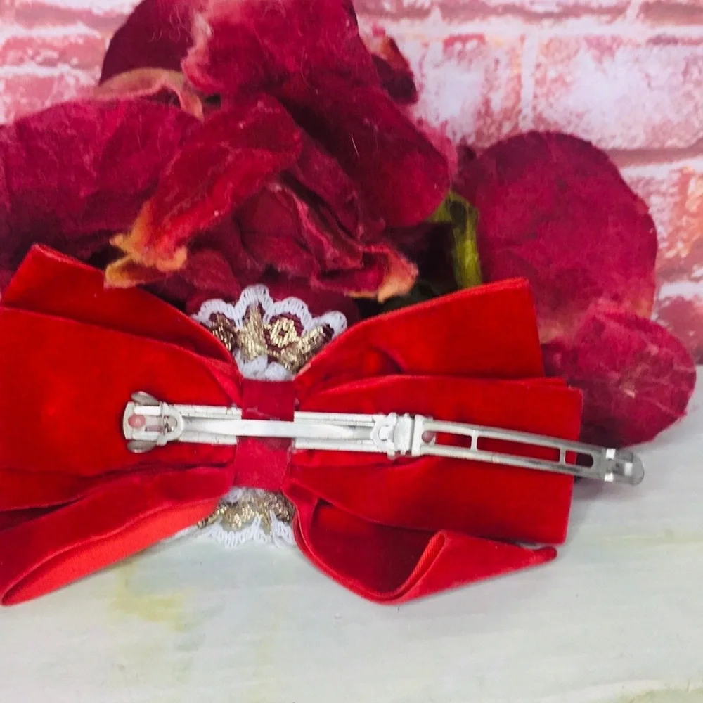 Vintage 80s Red Rosette Velvet Bow